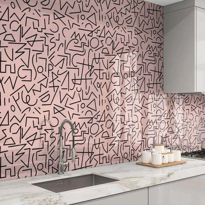 Boho lines pink wall panel featuring a pink surface with black abstract line art pattern for decorative use