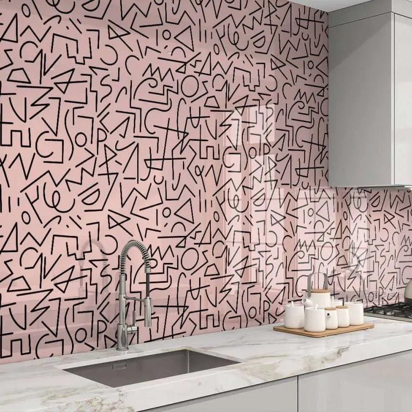 Boho lines pink wall panel featuring a pink surface with black abstract line art pattern for decorative use