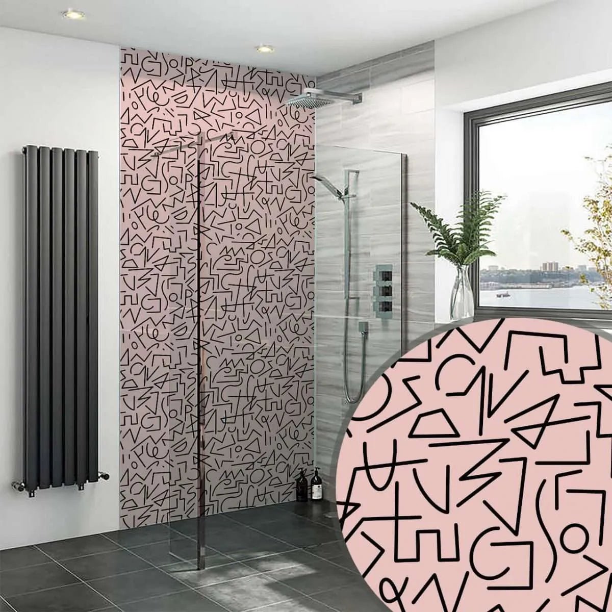 Boho Lines Pink Wall Panel bold black geometric pattern on a pink wall panel