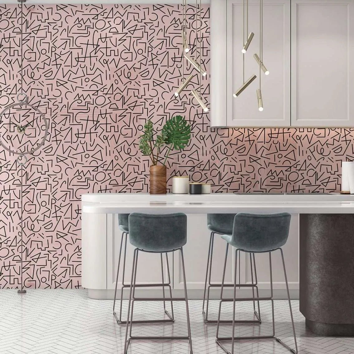 Boho Lines Pink Wall Panel pink panel with a black geometric pattern behind grey velvet bar stools
