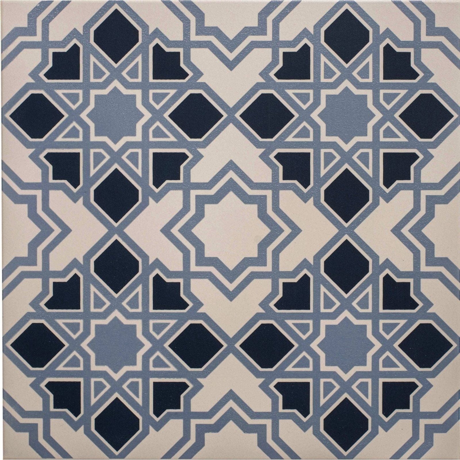 Square ceramic tile bolero light dark blue on chalk with repeating geometric pattern in navy blue medium gray and cream
