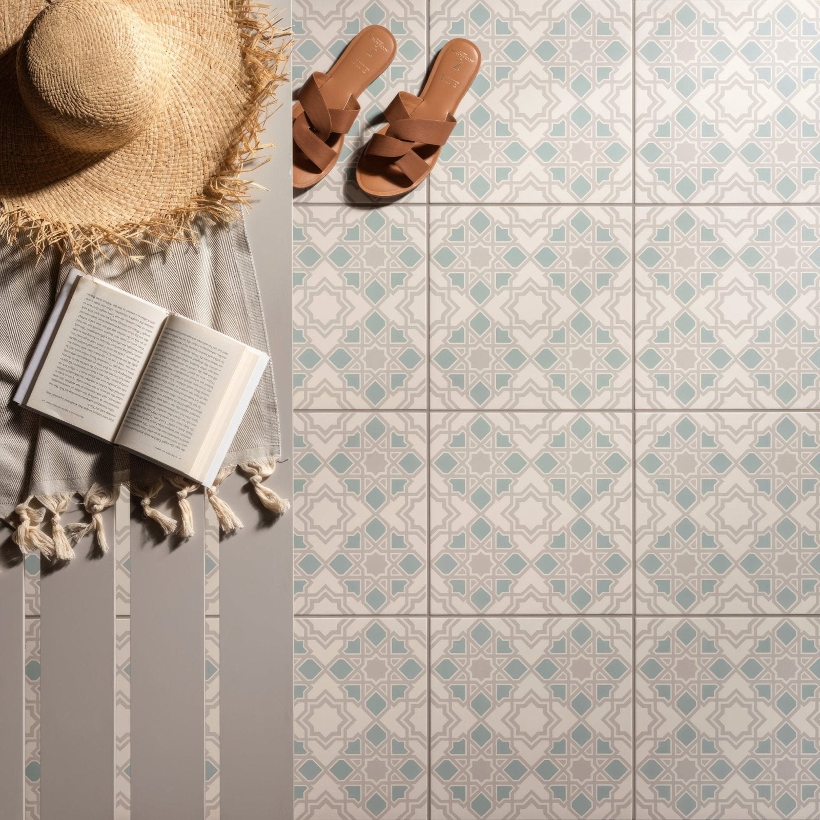 Beige and light green geometric patterned ceramic floor tiles from bolero teal on chalk collection