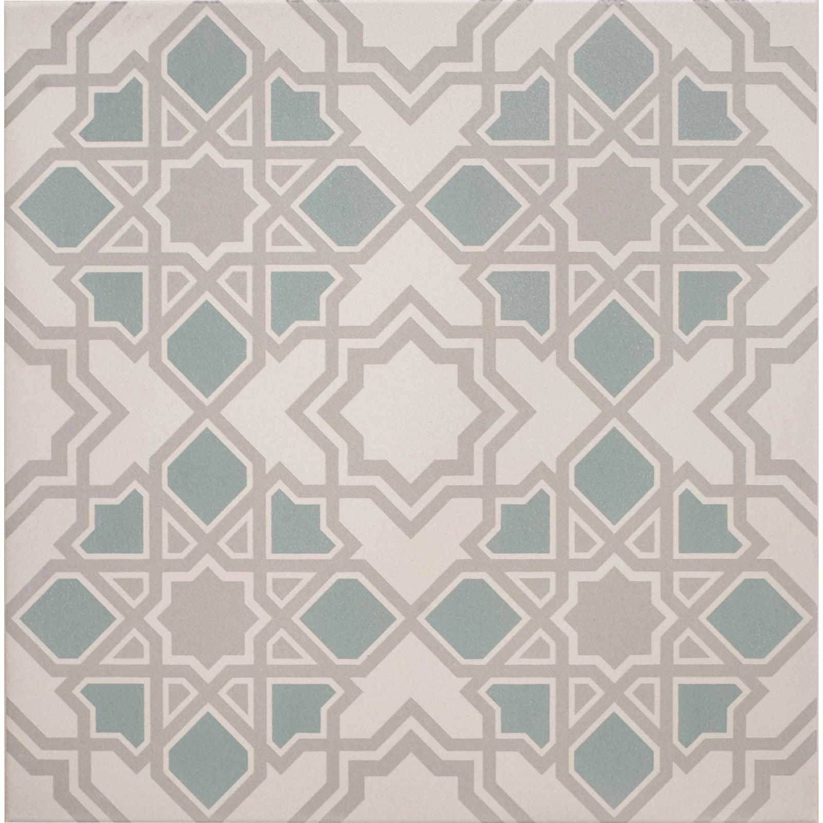 Bolero teal ceramic tile with intricate geometric pattern in muted teal and gray on soft off-white chalk background