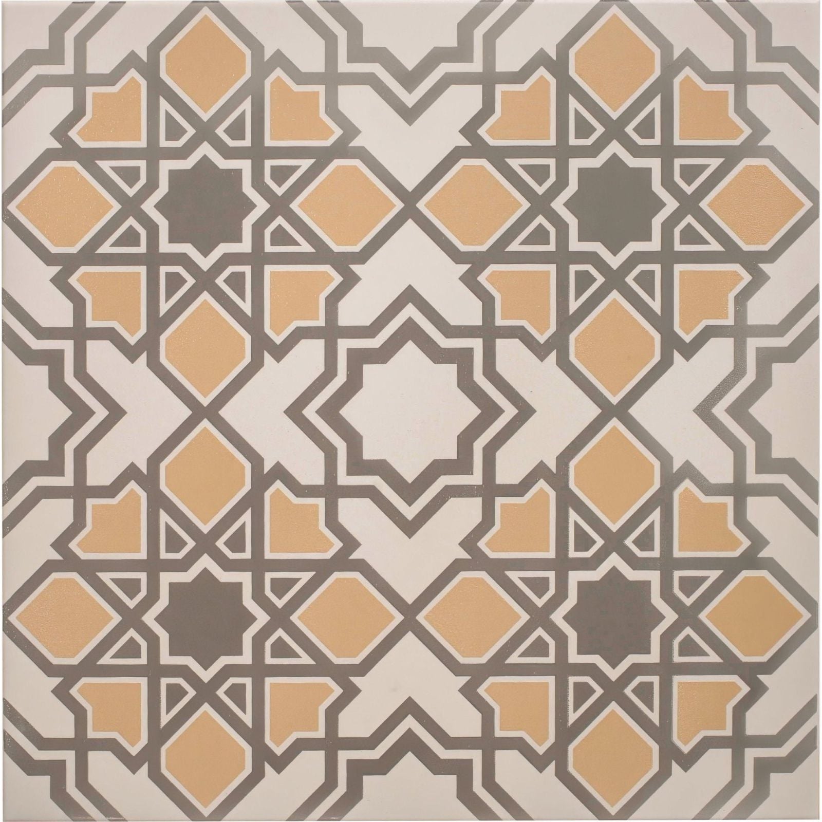 Beige and gray geometric patterned tile with star-shaped motifs in bolero yellow stone on chalk finish