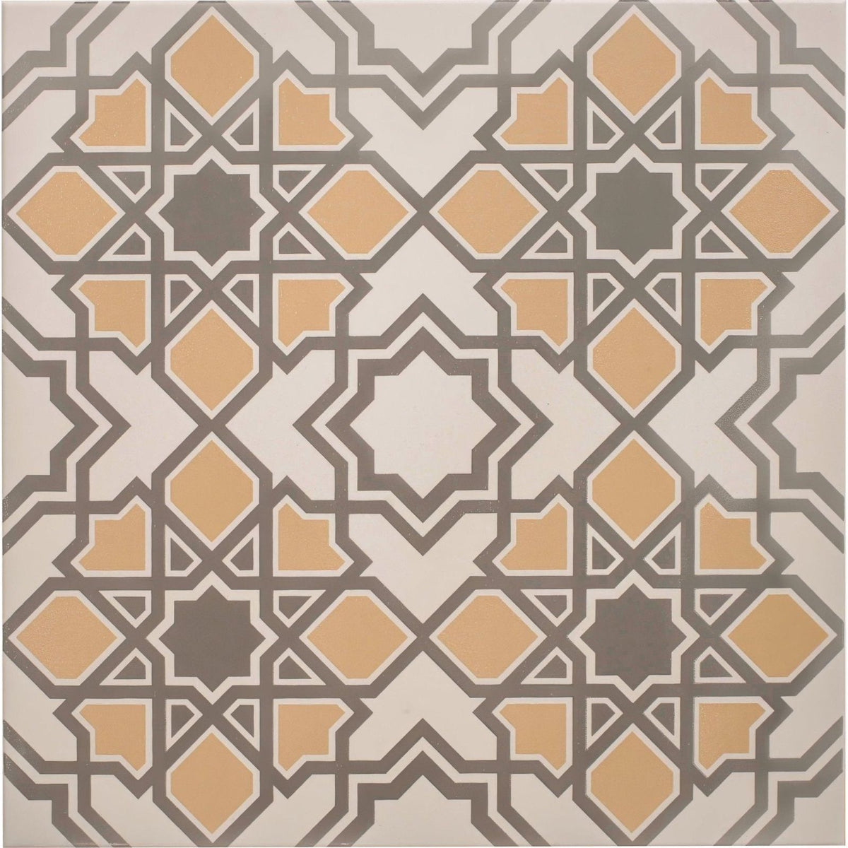 Beige and gray geometric patterned tile with star-shaped motifs in bolero yellow stone on chalk finish