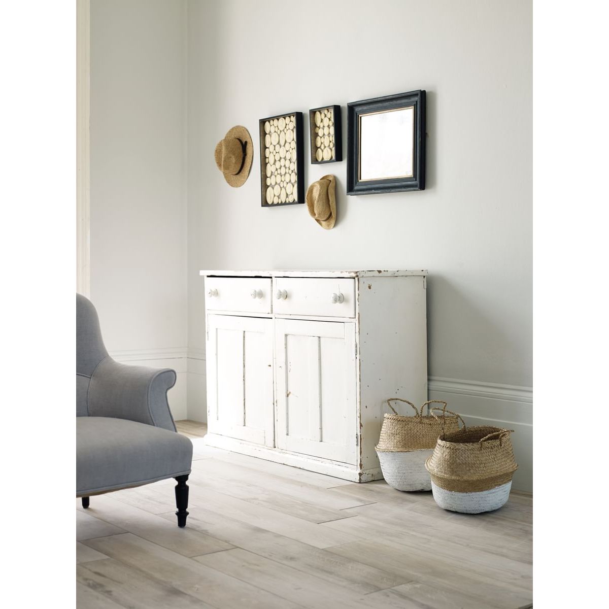 Bone white distressed wood sideboard with two drawers and two cabinet doors for stylish storage solution
