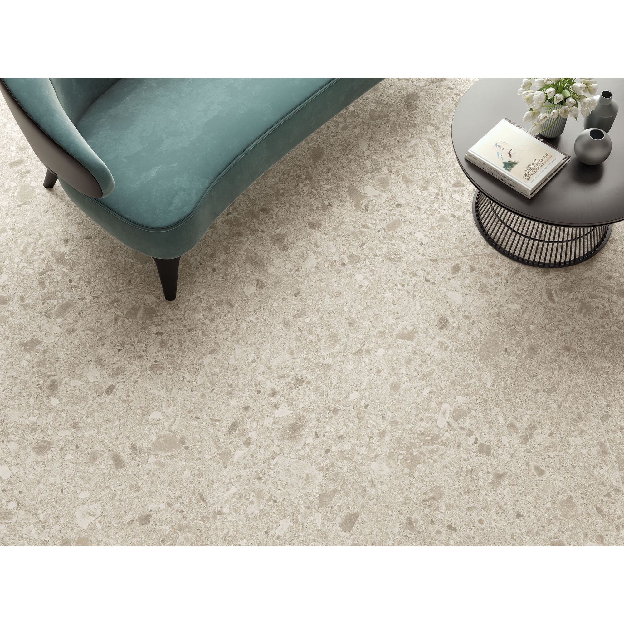 Beige terrazzo floor tile boost mix ivory 60 x 60cm with speckled stone texture and subtle gray flecks