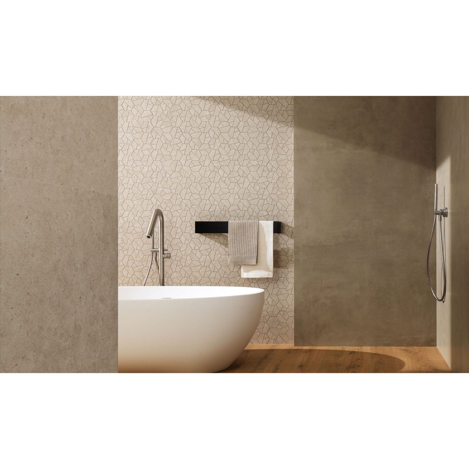 Boost Stone Clay 60 x 60cm Porcelain Wall & Floor Tile in a bathroom setting