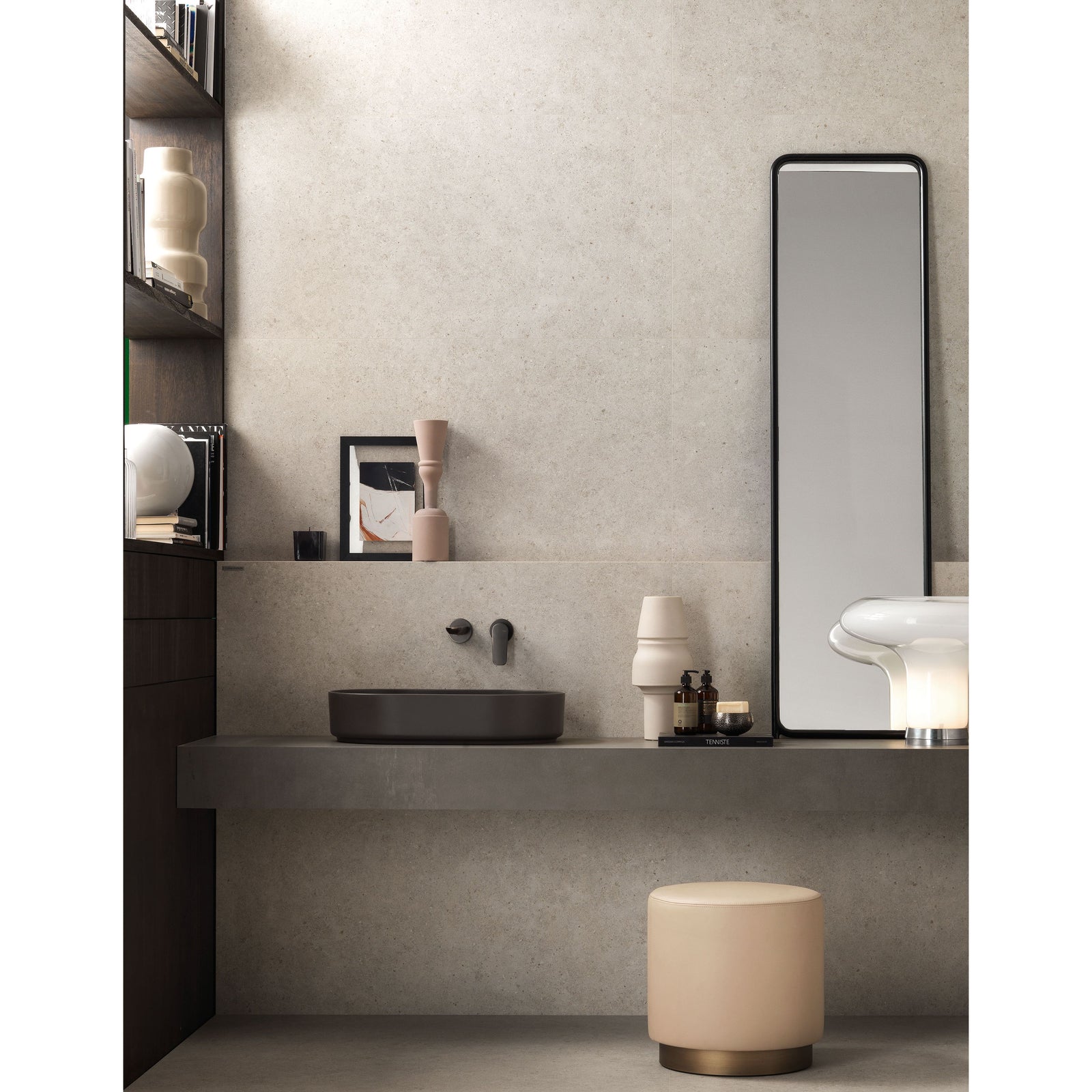 Boost Stone White 60 x 120cm Porcelain Wall & Floor Tile in a bathroom setting