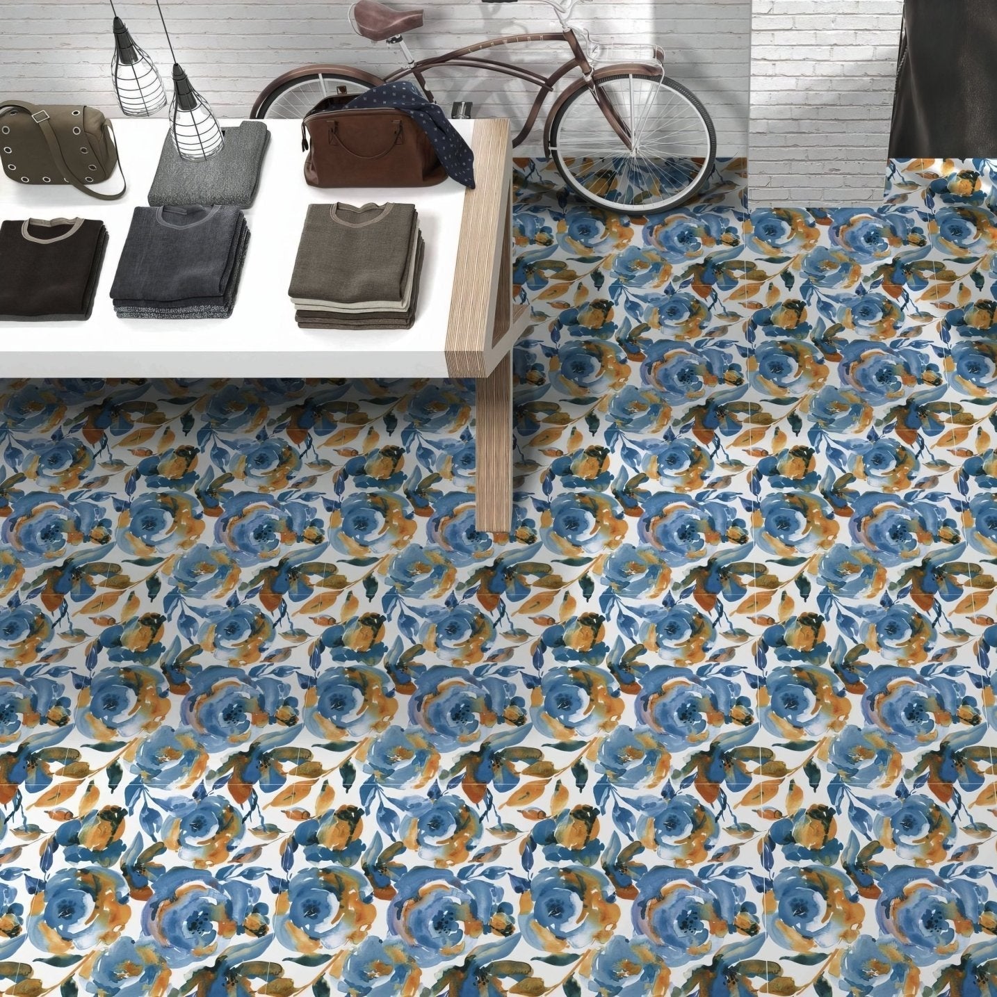 Botanicals heavenly blue floor tiles with blue and orange floral watercolor pattern for decorative flooring
