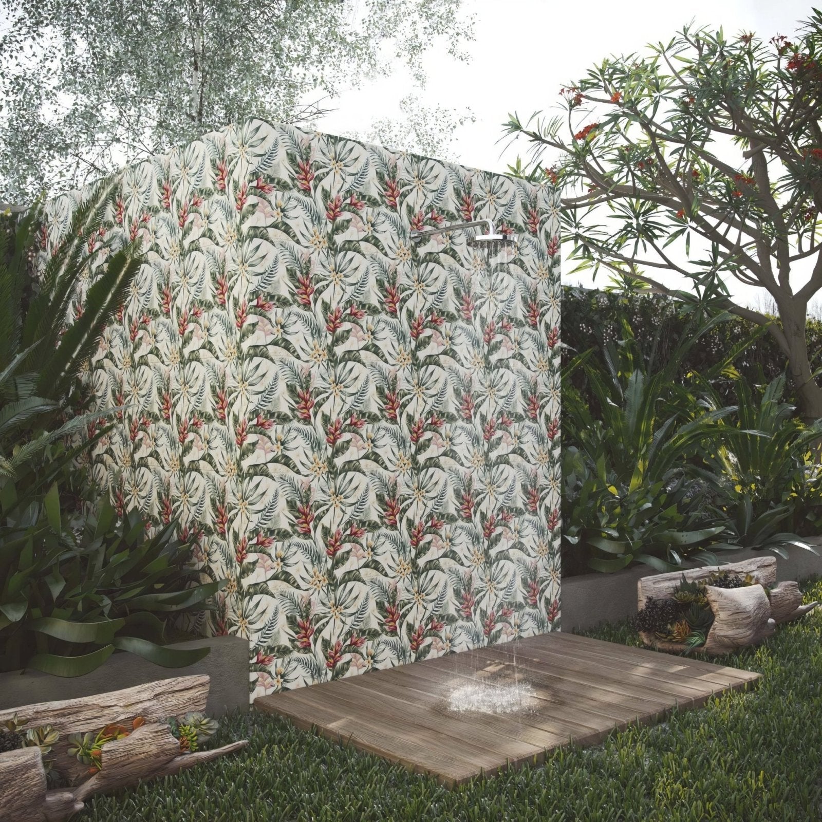 Botanicals tropical outdoor shower enclosure with white green and red tropical botanical pattern for outdoor use