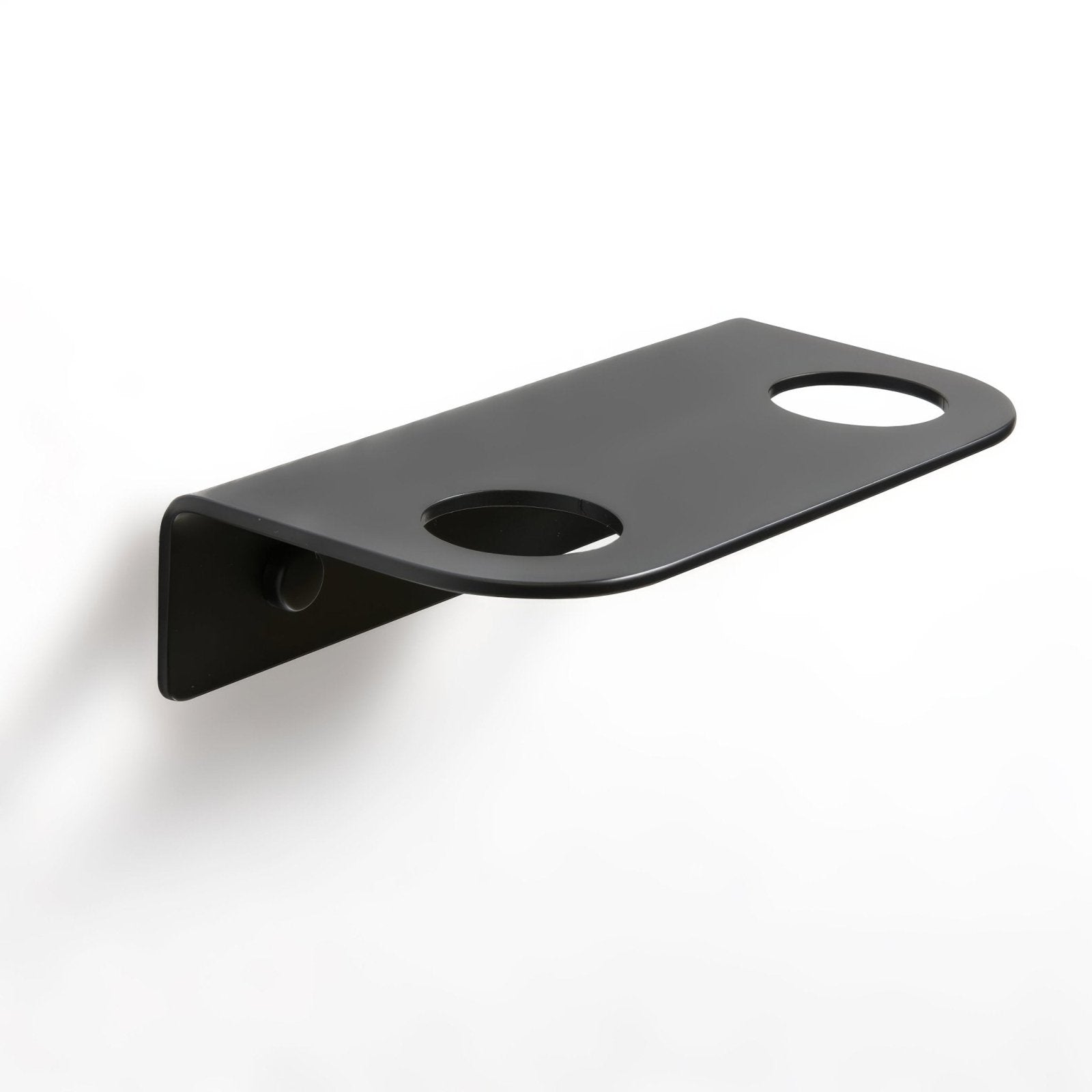 Black matte-finished metal wall-mounted bottle holder with two circular holes for cups or bottles
