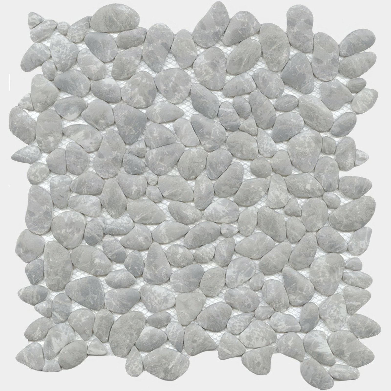 Boulder grey mosaic tile featuring gray river rock with smooth rounded pebble shapes and subtle natural veining