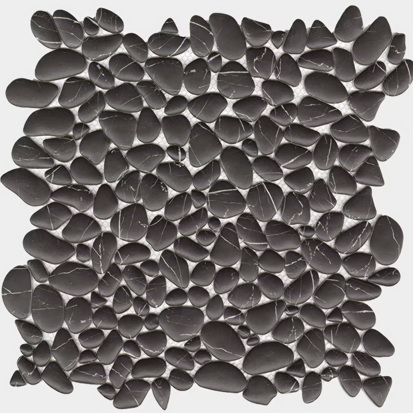 Black river stone mosaic tile with smooth rounded pebble shapes and subtle white veining boulder negro marquina mosaic