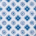White ceramic tile bourron on papyrus with repeating blue and purple geometric motifs for wall and floor use