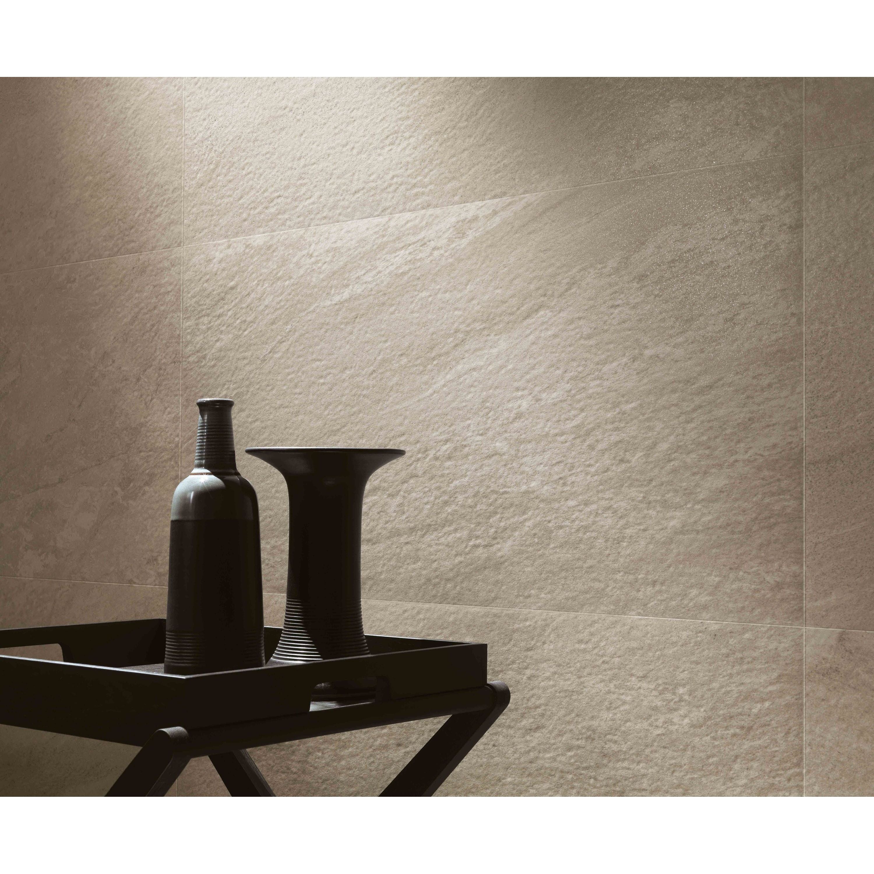 Beige textured wall tiles with subtle stone like finish in Bravestone gypsum 60 x 60cm perfect for stylish interiors