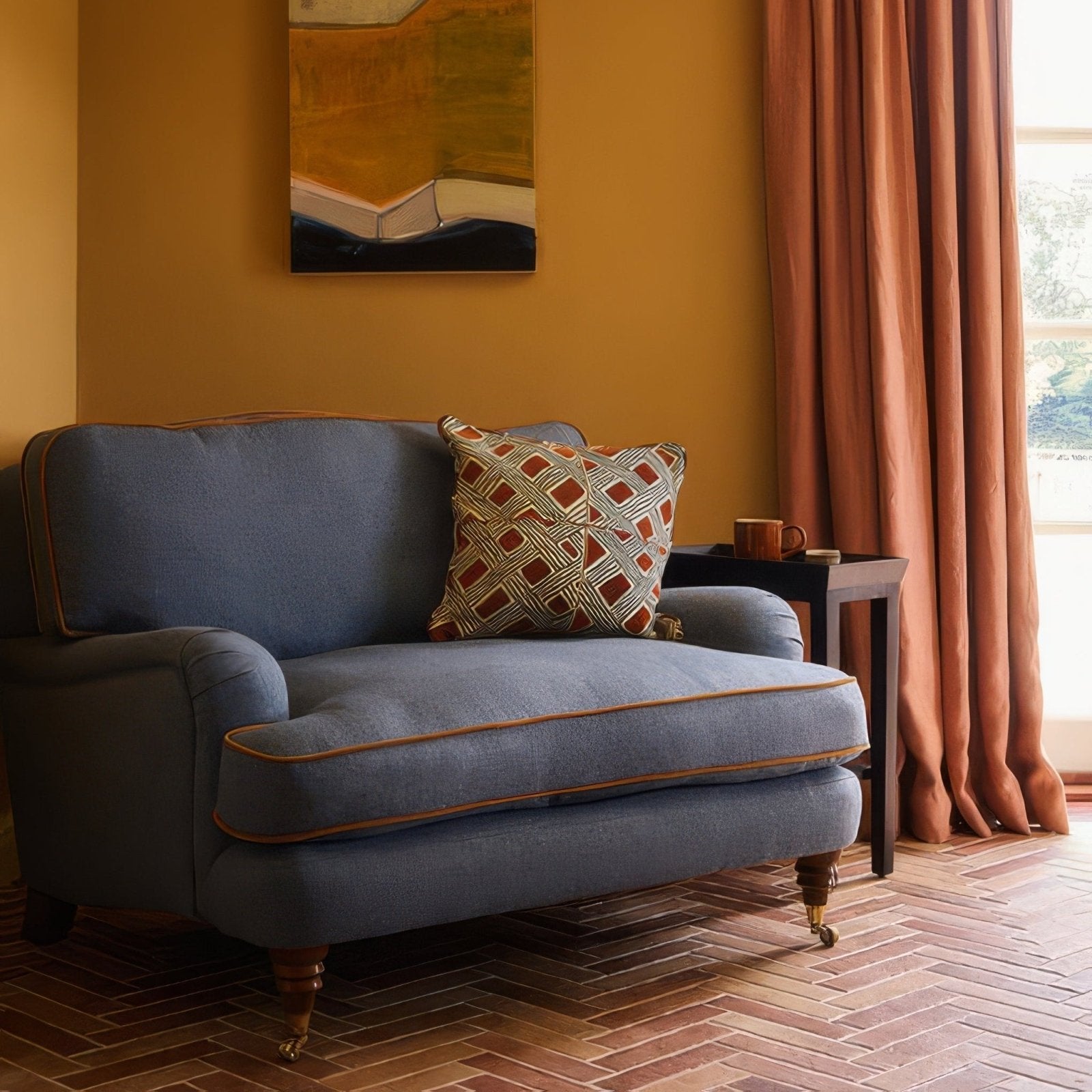 Blue upholstered armchair with brown piping and wooden legs featured in brewhouse porcelain parquet style