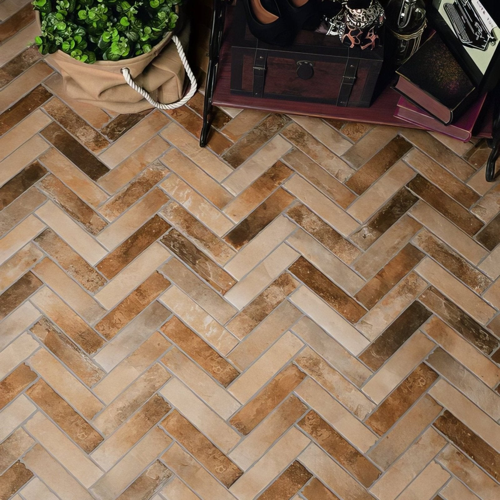 Brewhouse porcelain parquet floor tiles in terracotta herringbone pattern with rustic textured ceramic finish