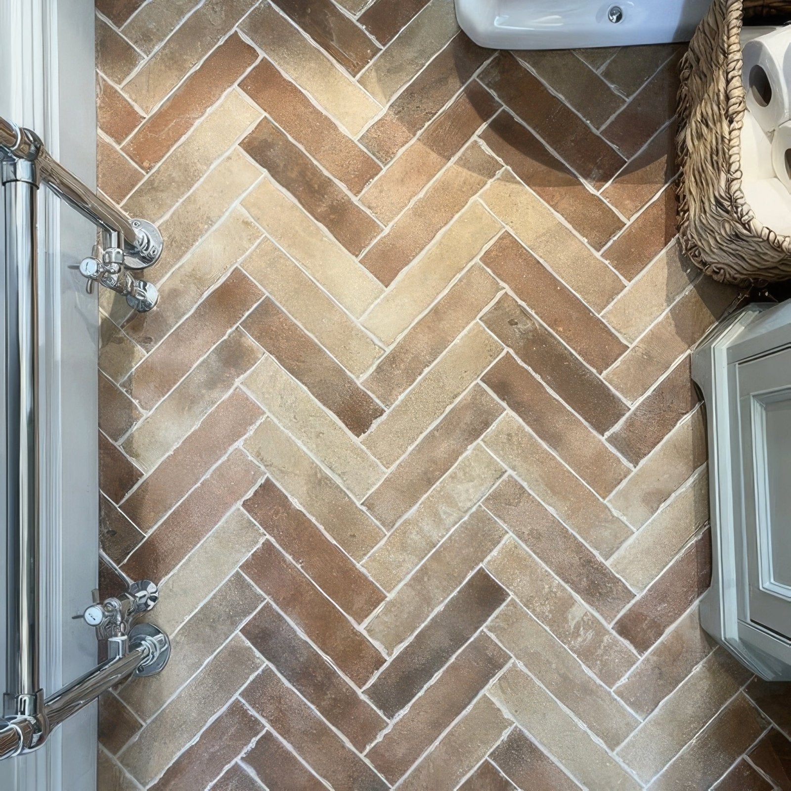 Brown and beige herringbone patterned brewhouse porcelain parquet ceramic floor tiles for indoor flooring use