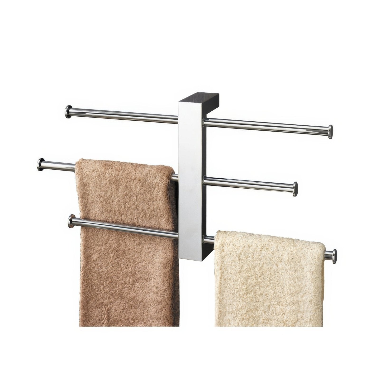 Modern chrome bridge towel rail set with three horizontal bars and sleek black rectangular wall-mounted base