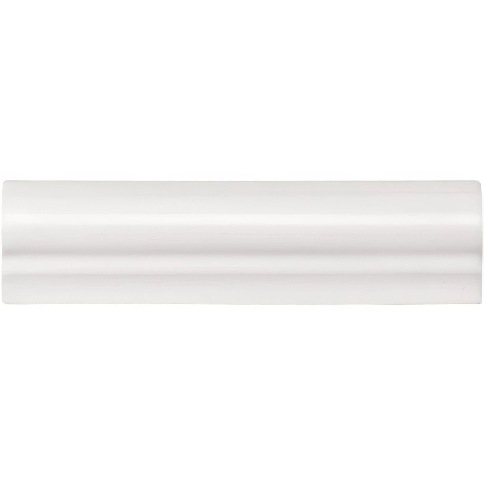 White ceramic baseboard with a smooth glossy finish and subtle horizontal ridges from brilliant white albert moulding
