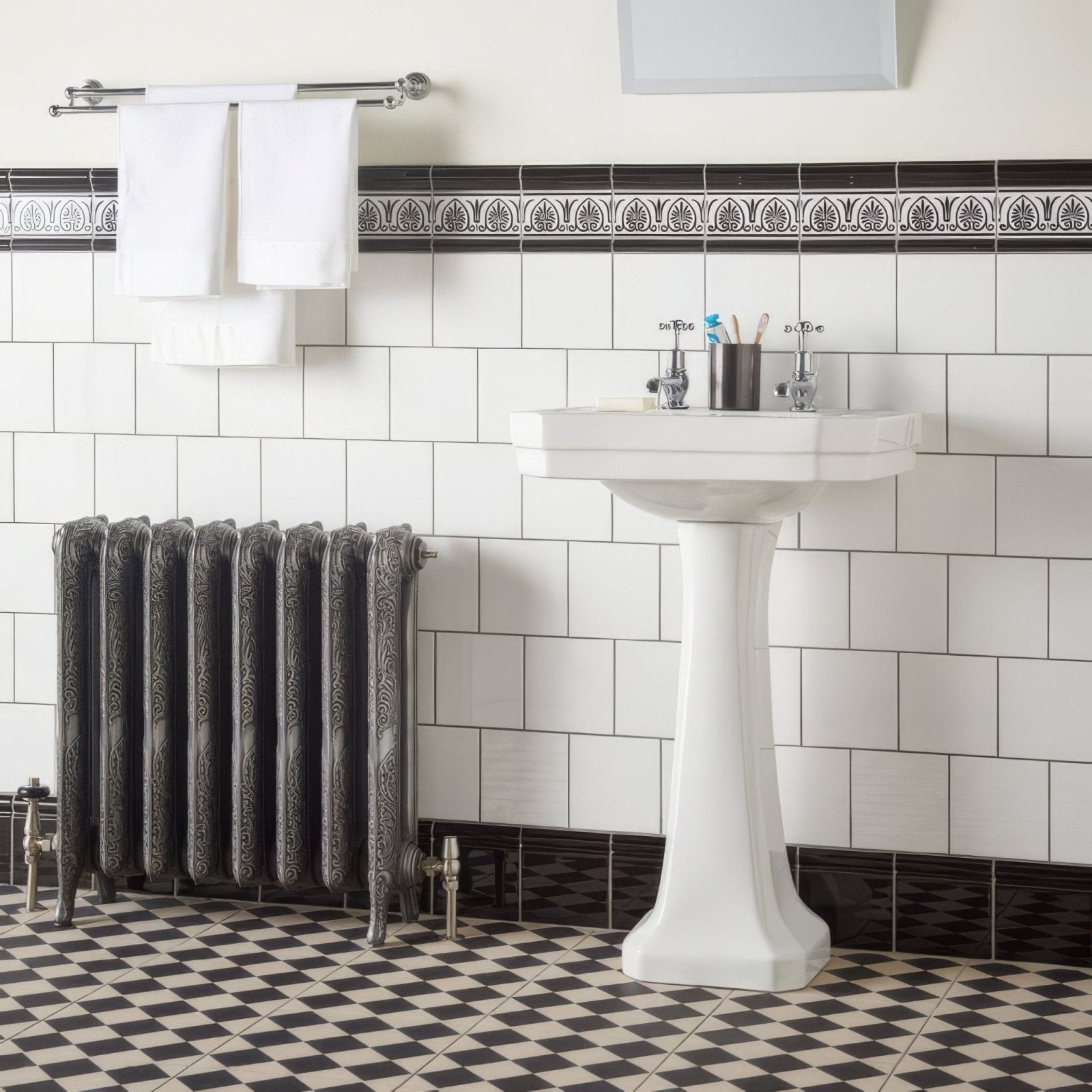 White ceramic pedestal sink with classic elegant design and glossy finish featured with brilliant white field tile