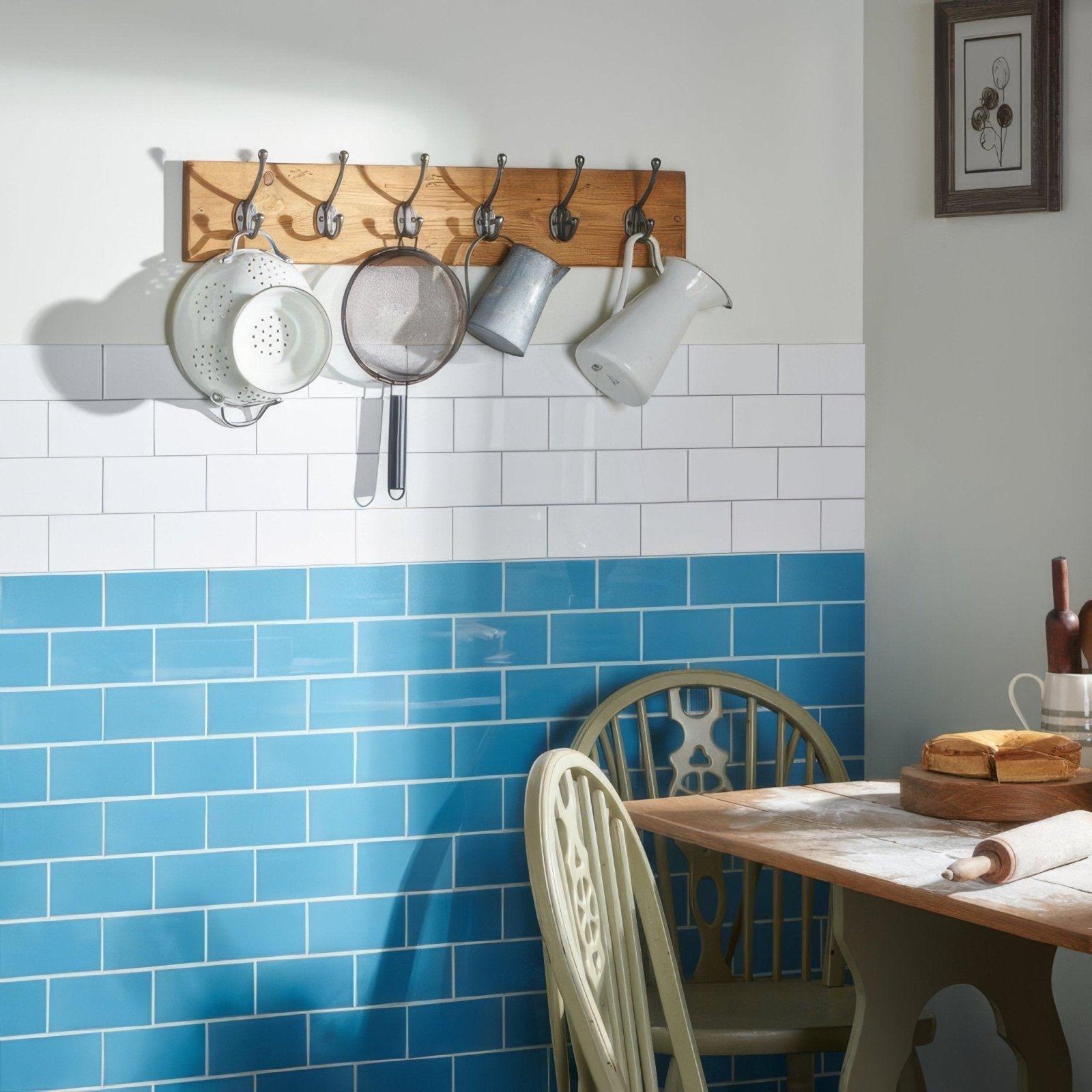 Wooden rack with five metal hooks holding kitchenware against blue and white tiled wall featuring brilliant white half tile