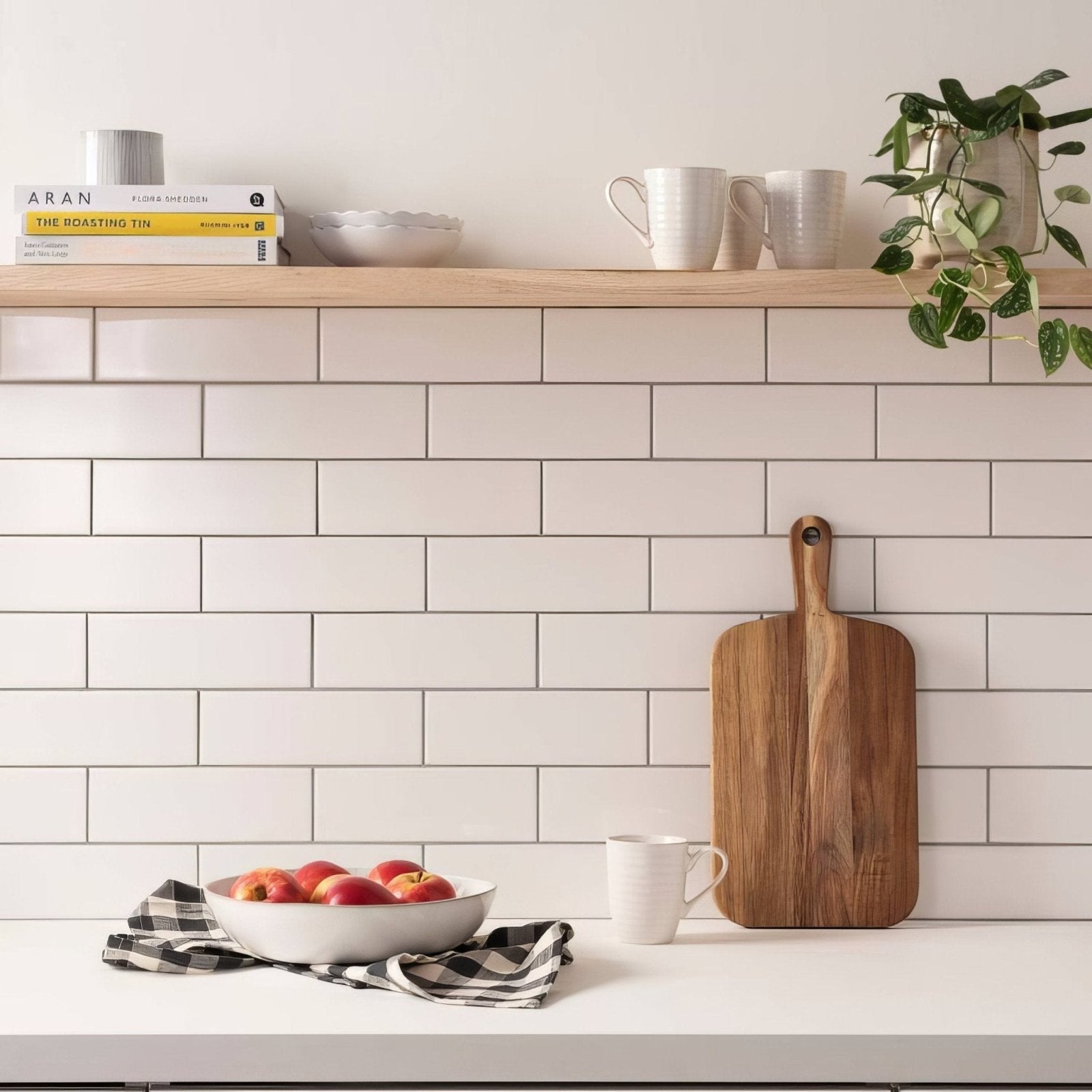 A brilliant white large brick wooden cutting board with a smooth natural finish and a sturdy handle