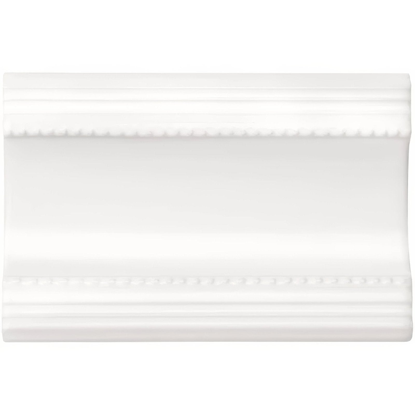 Brilliant white plain cornice with white decorative crown molding featuring a smooth glossy finish and classic beaded edges
