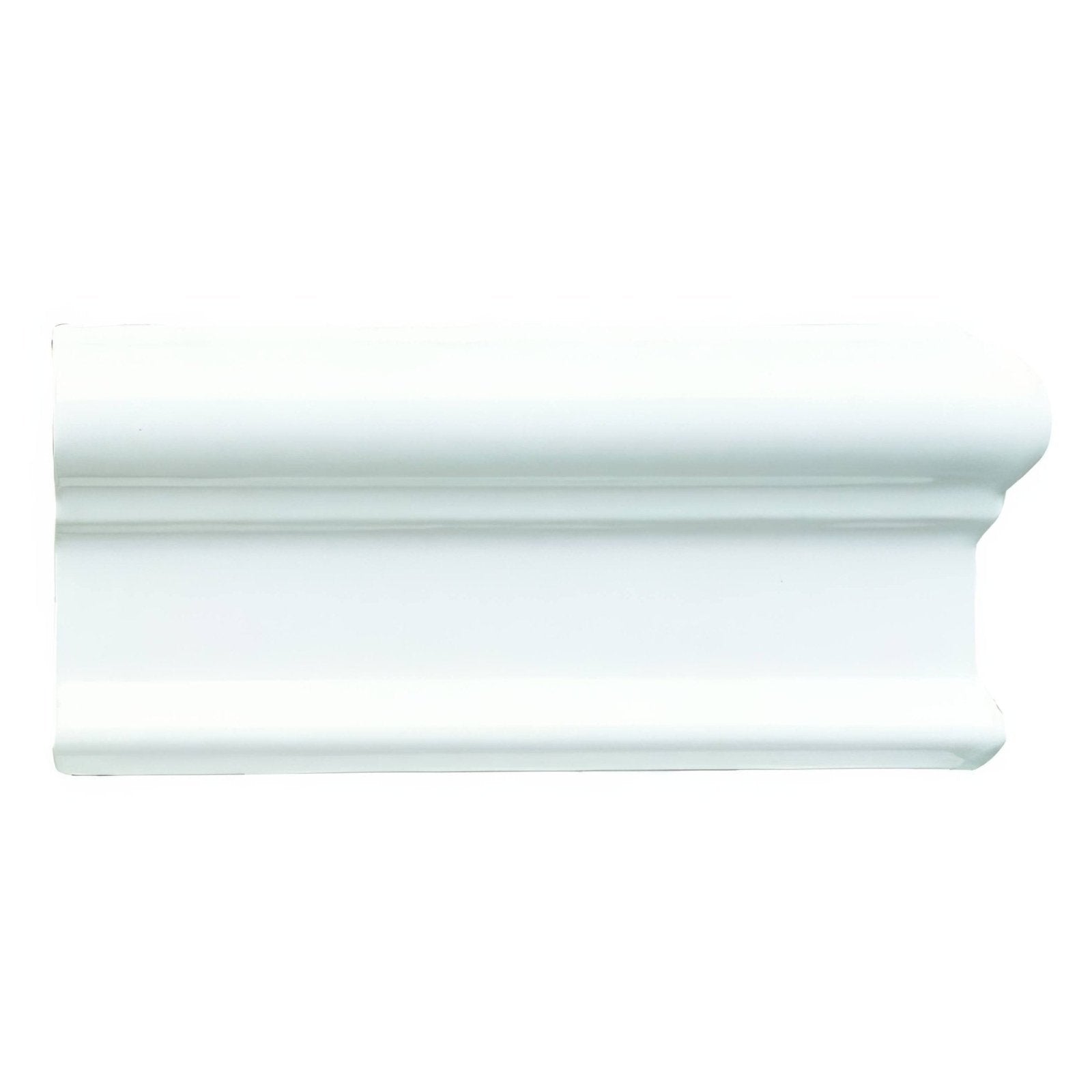 Brilliant white victoria right external corner crown molding with smooth glossy finish and classic architectural profile