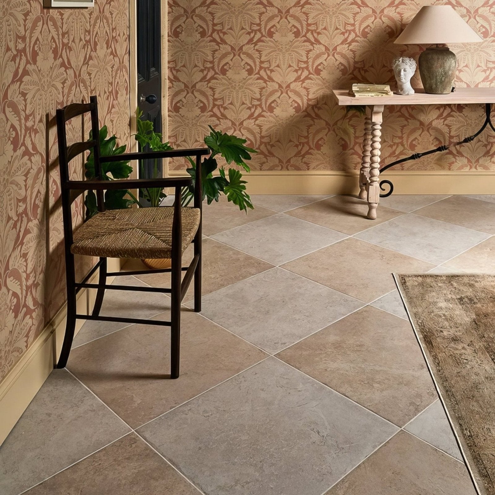 Brit stone minster porcelain 60 x 60cm beige and gray diamond patterned floor tiles with subtle stone like texture