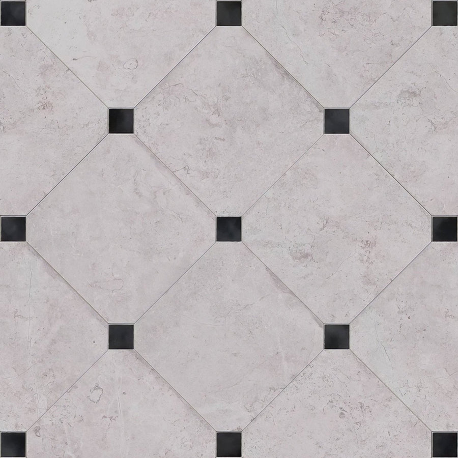 Brit stone minster porcelain 60 x 60cm light gray marble tiles with subtle veining and black square insets in diamond grid