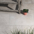 A small potted succulent with broad dark green leaves in a terracotta pot on brit stone minster porcelain paving