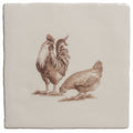 Cream-colored ceramic tile with sepia illustration of rooster and hen from brood of chickens sepia on cotton collection