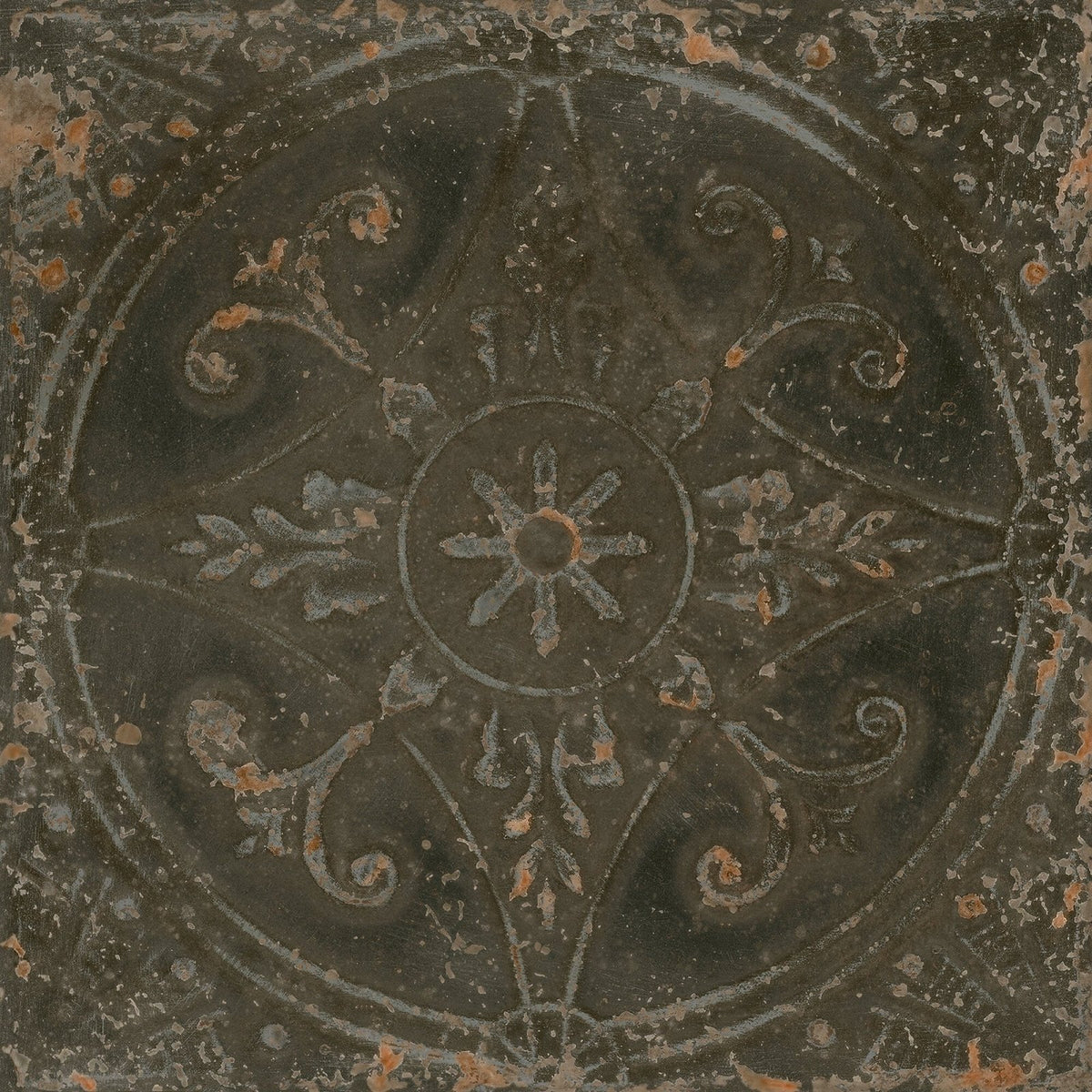 Antique dark green Brooklyn embossed ceramic pewter floor tile with intricate silver floral and scrollwork patterns