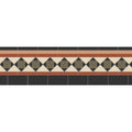A decorative browning tile border with repeating diamond motifs in black buff green red and white framed by terracotta bands