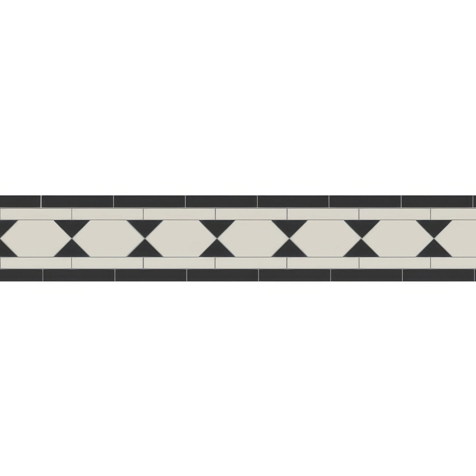 Brunel black and dover white mosaic tile border in black and cream with repeating diamond pattern