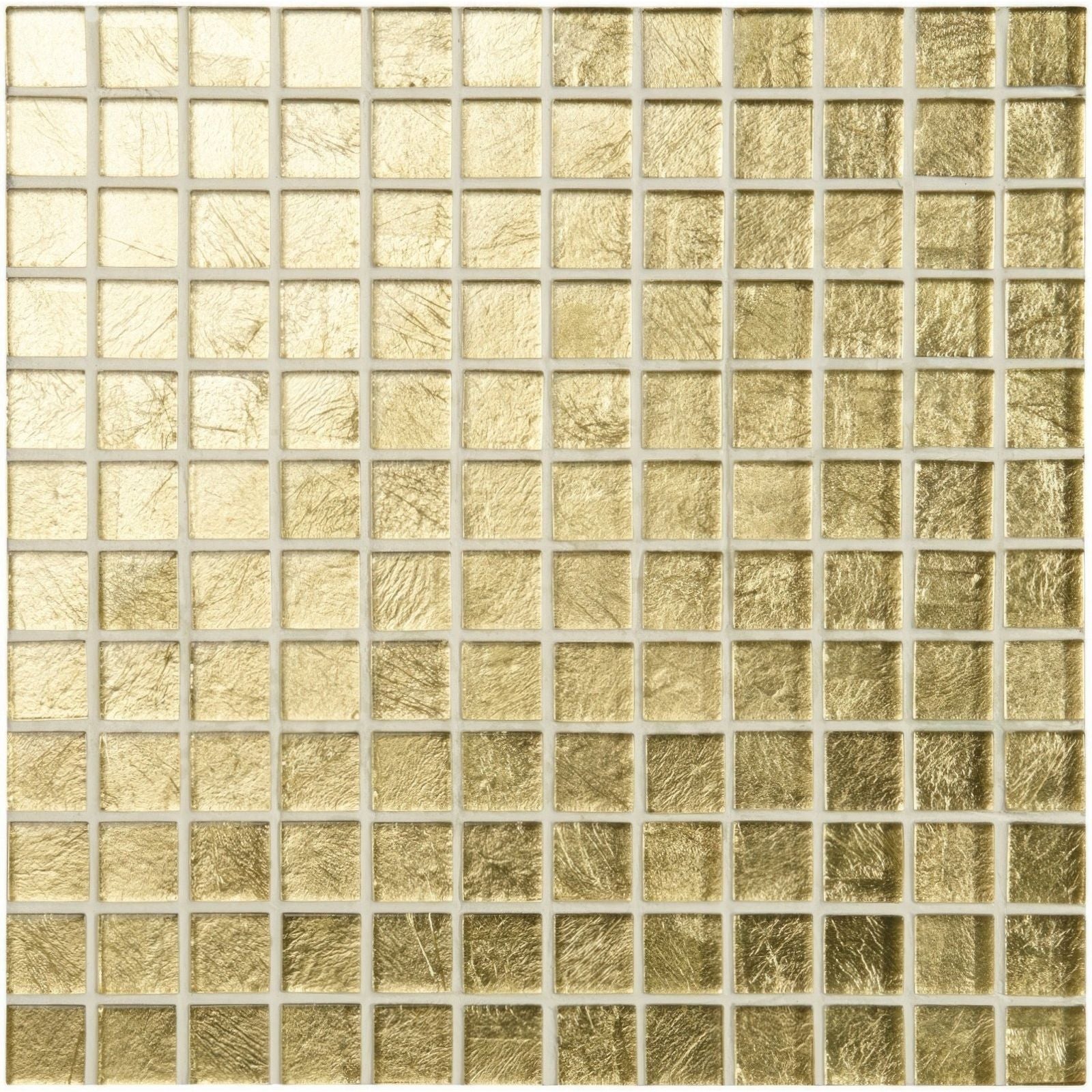 Bullion Gold Rush glass mosaic tile with shimmering gold leaf texture and subtle hue variations for decorative use