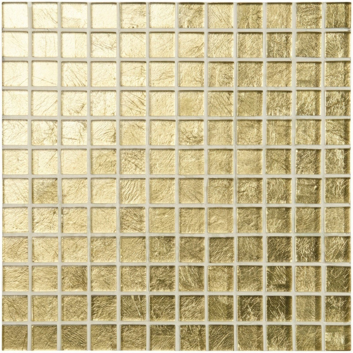 Bullion Gold Rush glass mosaic tile with shimmering gold leaf texture and subtle hue variations for decorative use