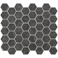 Dark gray burano grey hexagon recycled glass mosaic tile with subtle veining and white grout lines