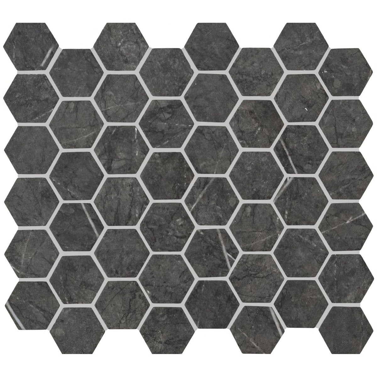 Dark gray burano grey hexagon recycled glass mosaic tile with subtle veining and white grout lines