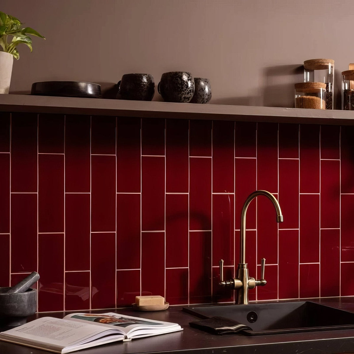 Burgundy large brick vibrant red subway tile backsplash with white grout lines for stylish wall decor