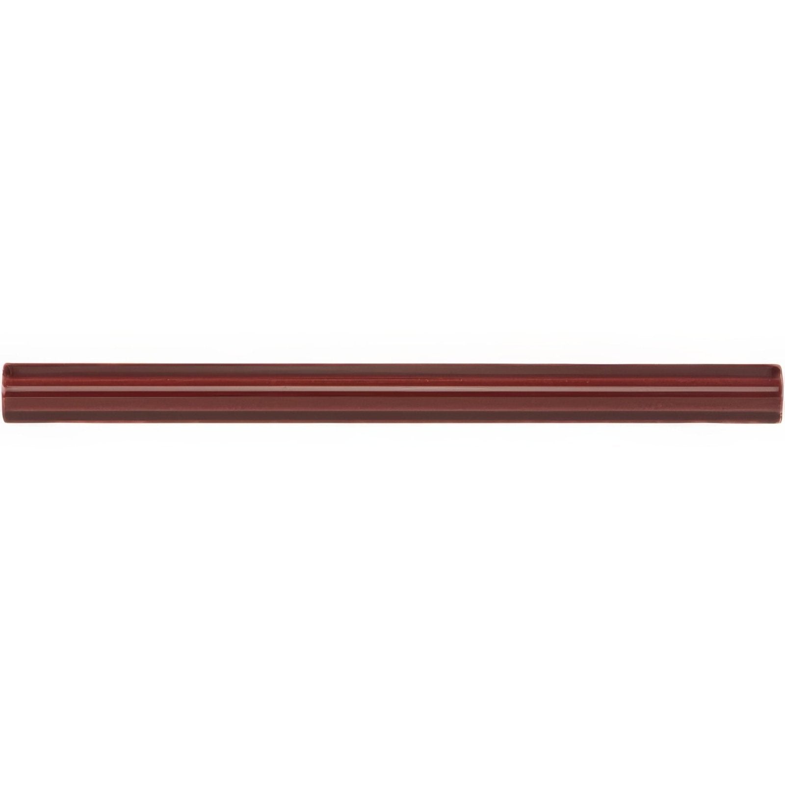 A sleek burgundy omega moulding made of glossy ceramic with smooth rectangular profile and subtle horizontal ridges