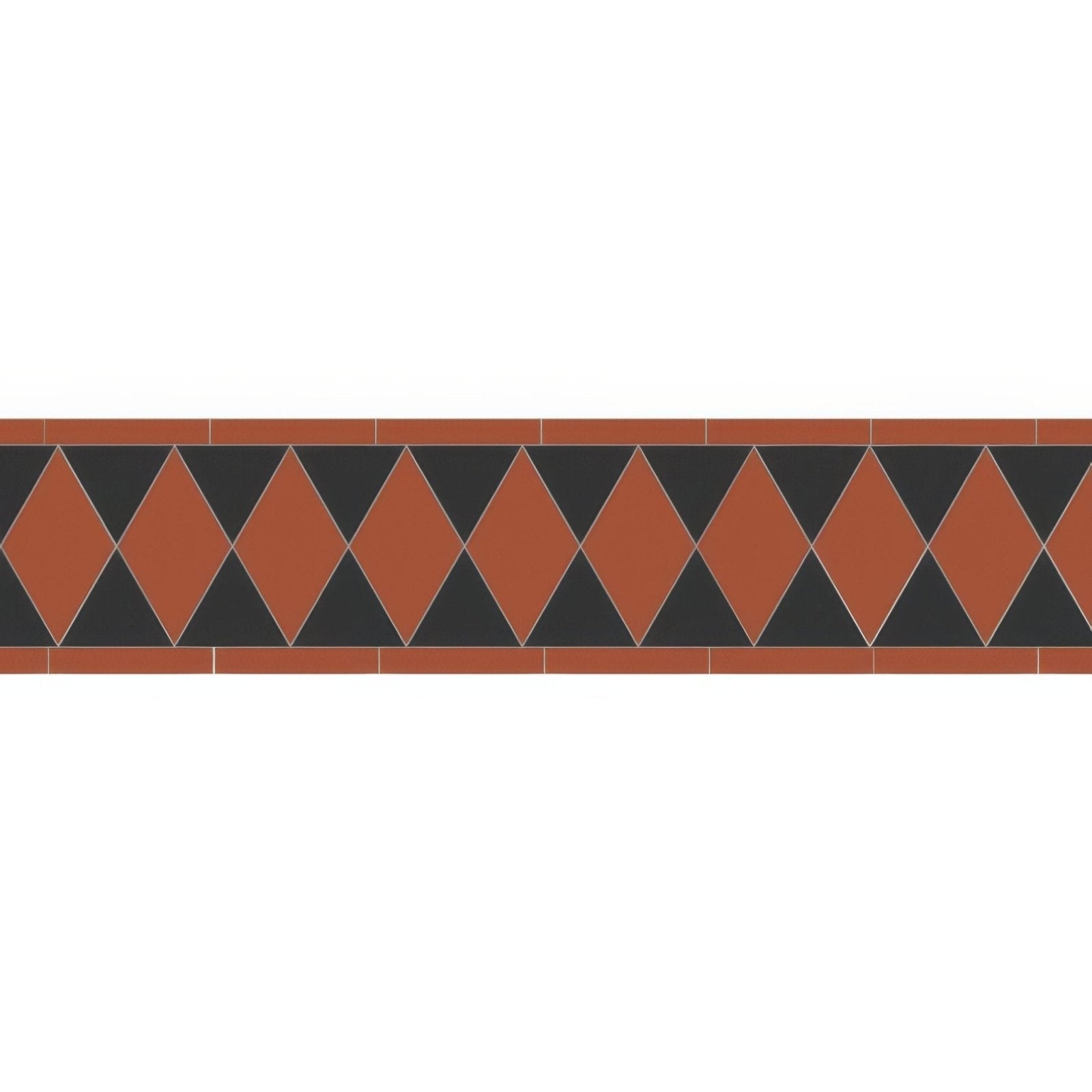 Terracotta and black diamond patterned ceramic floor border tile from burns black and red collection