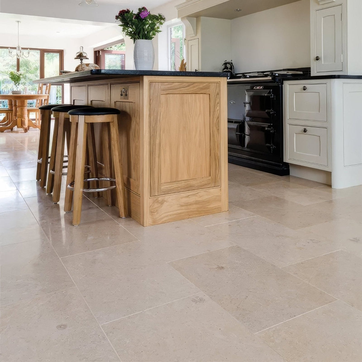 Light beige buscot limestone honed finish kitchen floor tiles with subtle natural veining and smooth texture