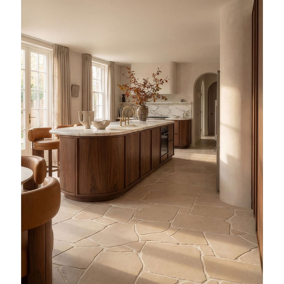Buscot Limestone Tumbled Pietra Pazza limestone tiles in a kitchen setting
