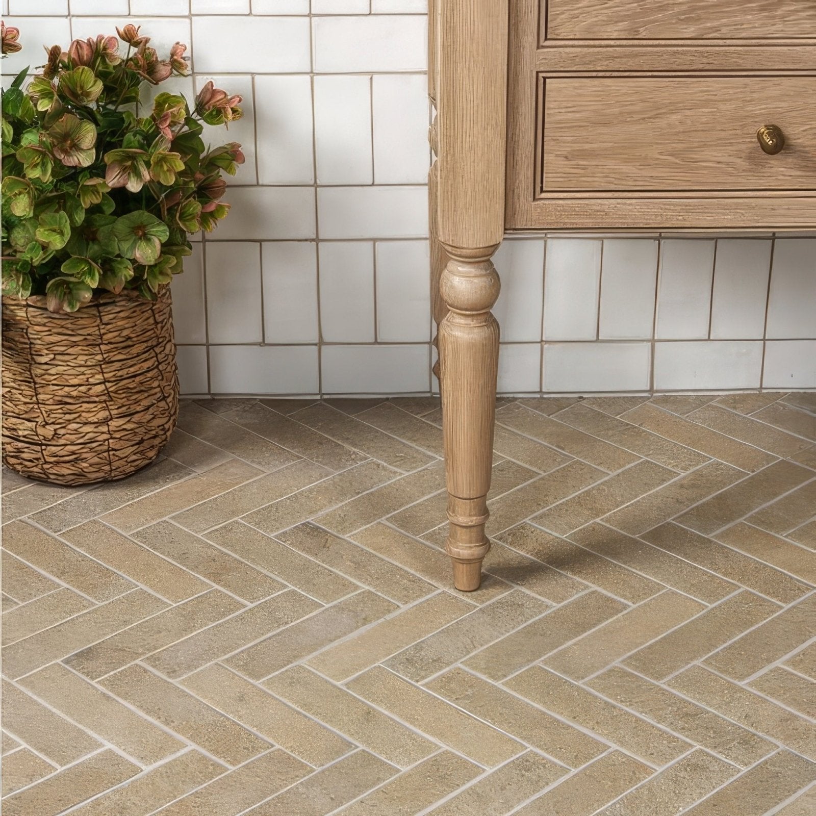 Light oak wooden table leg with turned design and subtle grain texture from buscot porcelain parquet textured collection