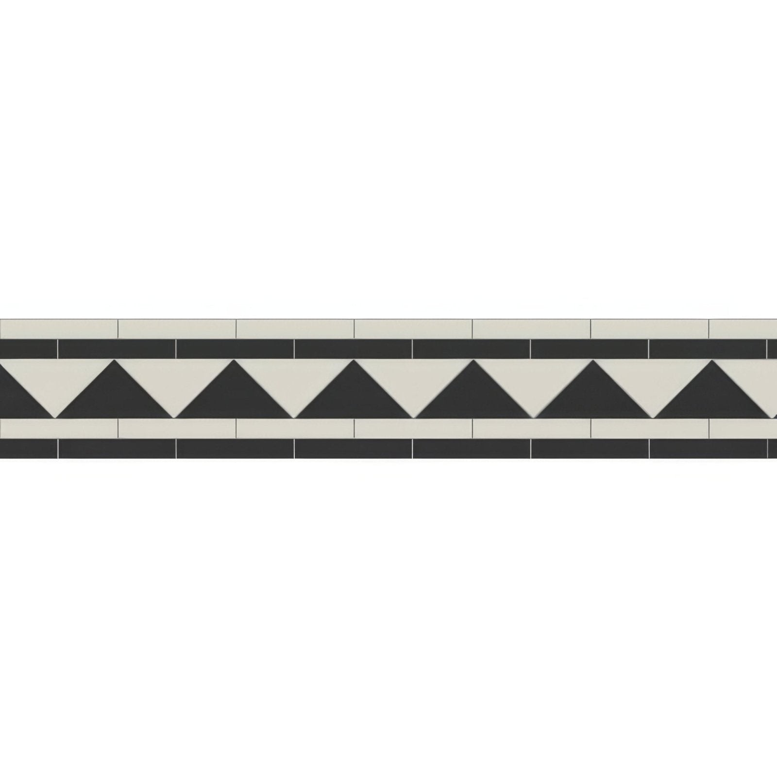 Byron black and dover white black and cream triangular mosaic tile border for decorative wall accents