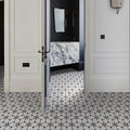 Black and white geometric patterned porcelain floor tiles from the byzantine porcelain elysium sculpted collection
