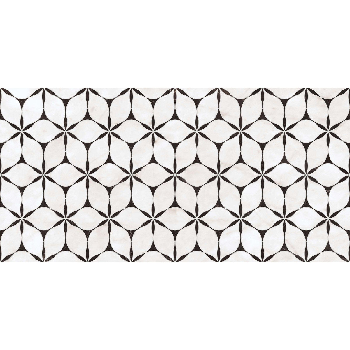 Byzantine porcelain elysium sculpted white and black geometric mosaic tile with interlocking quatrefoil pattern